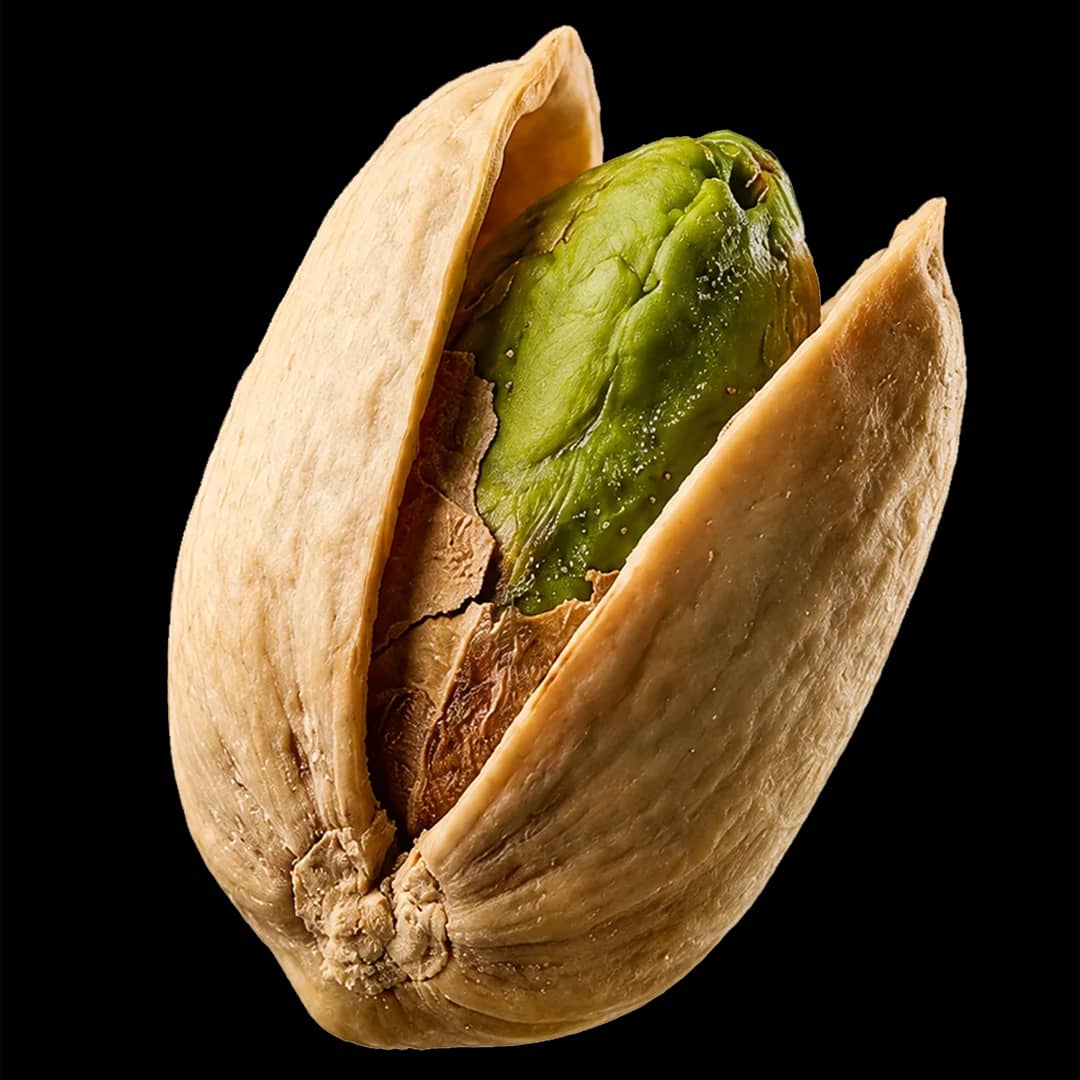 A pistachio split open on the grading table