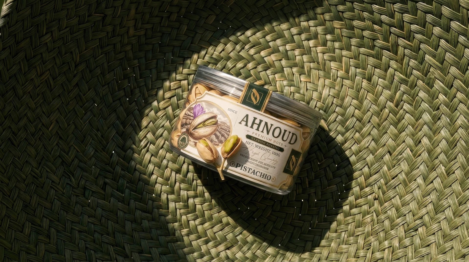 A 100 g can of Ahnoud pistachios on a woven mat