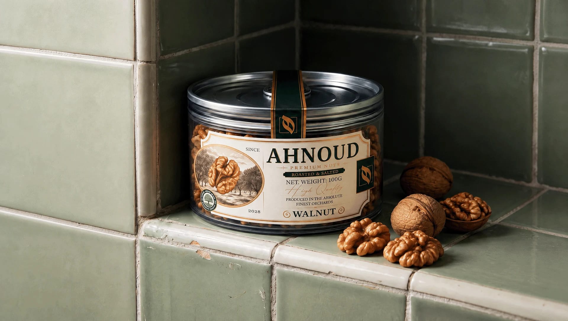 An Ahnoud walnut can on a green tiled ledge beside loose walnuts