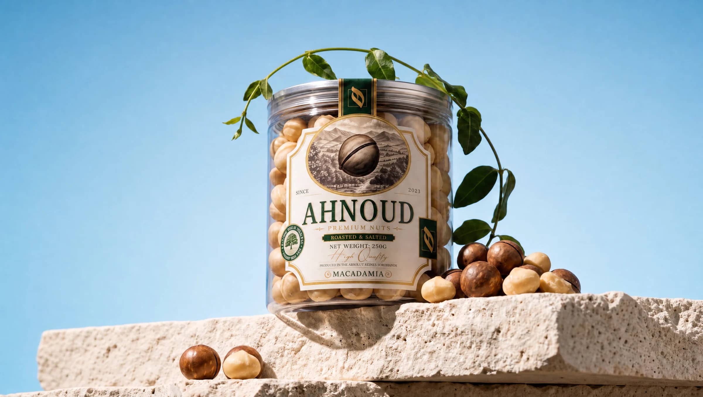 An Ahnoud macadamia jar on limestone under a clear blue sky