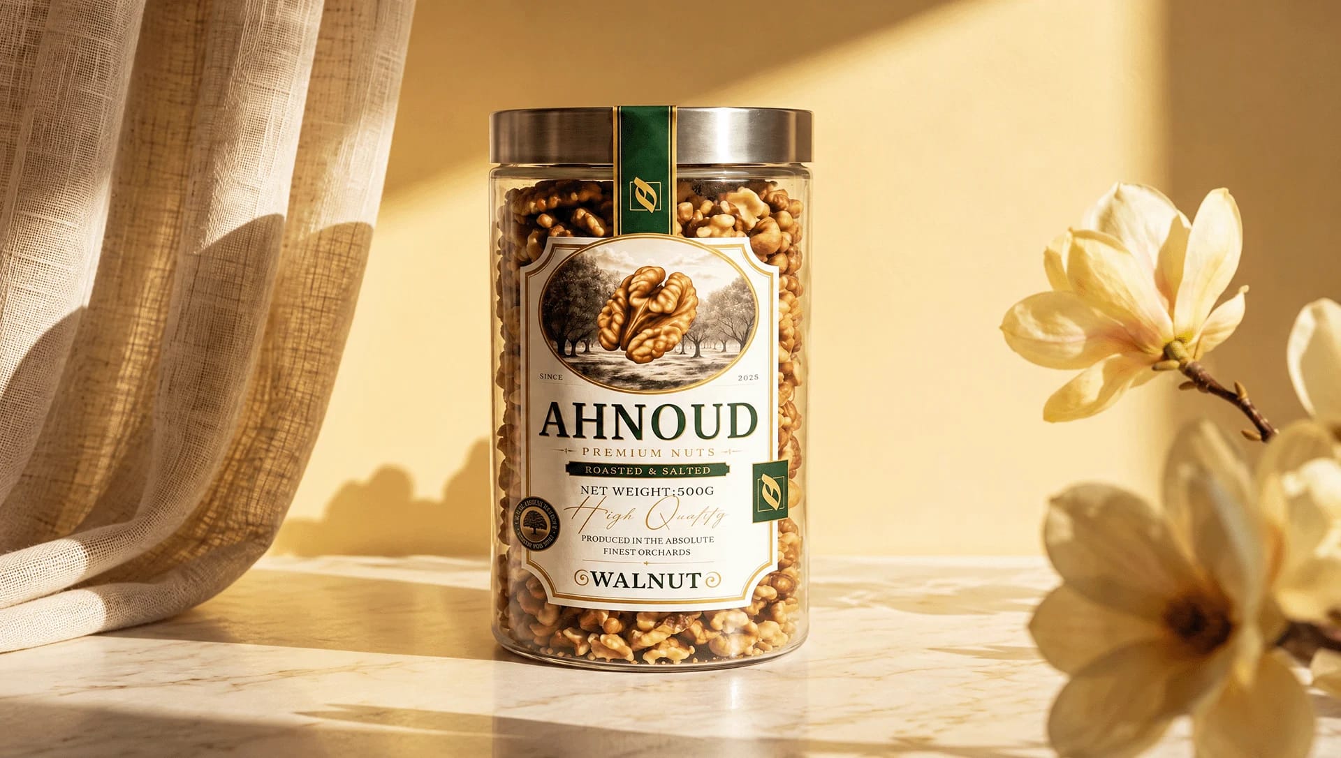 An Ahnoud walnut jar on sunlit marble beside a linen curtain