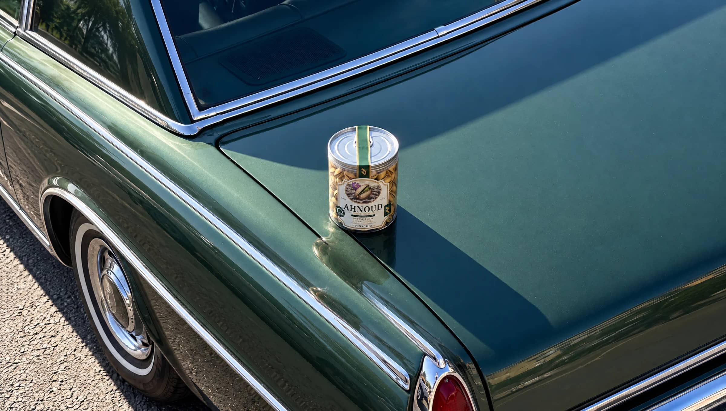 An Ahnoud pistachio can on the boot of a green classic car
